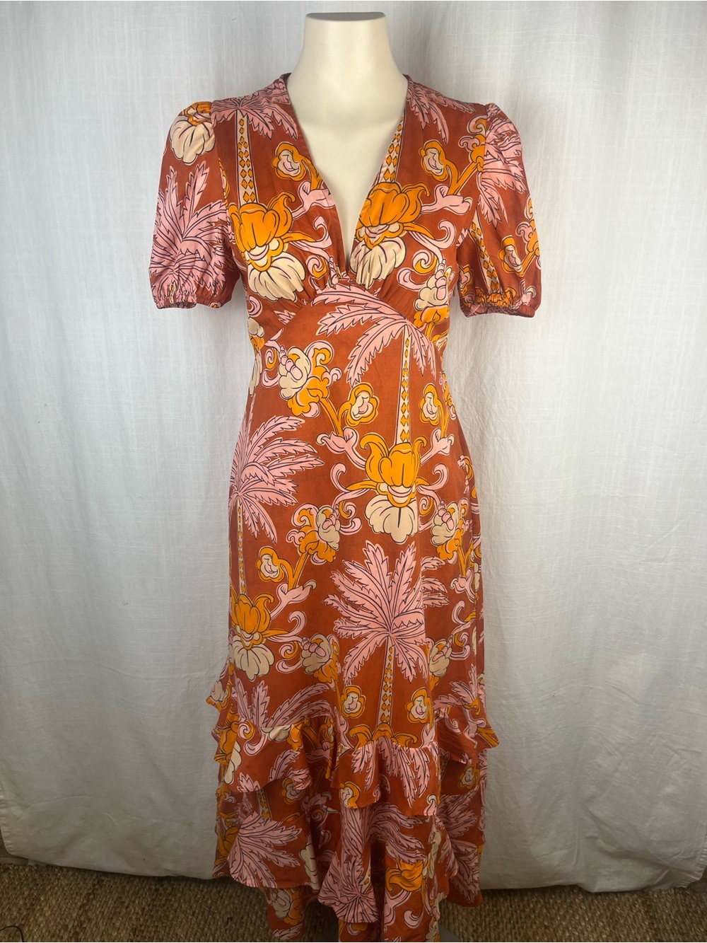 Zara Rust Floral Midi Dress with Pink and Yellow Accents
